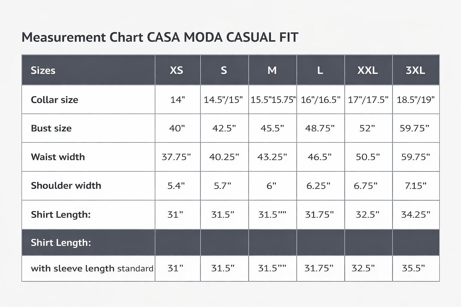 Casa Moda size chart