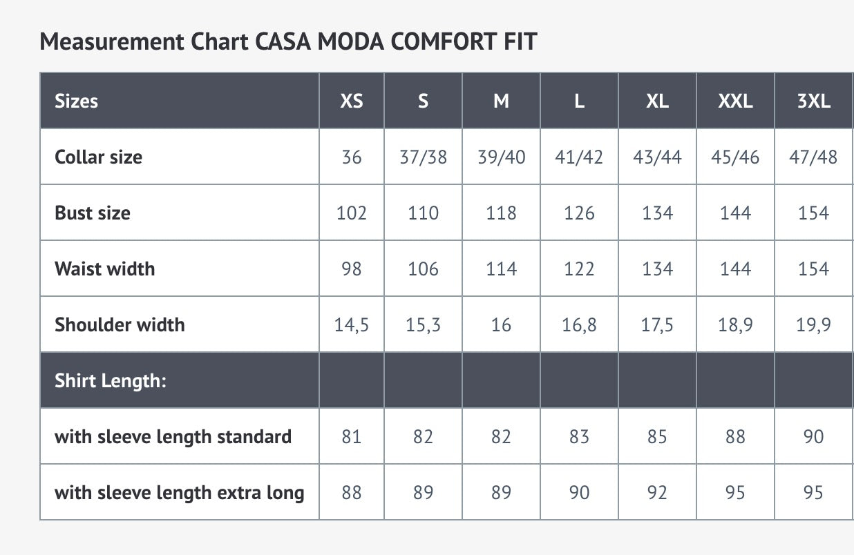 Casa Moda size chart