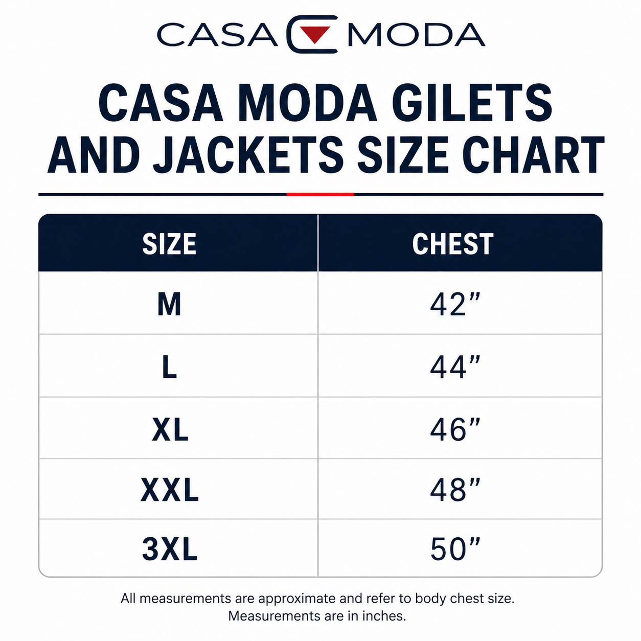 Casa Moda size chart