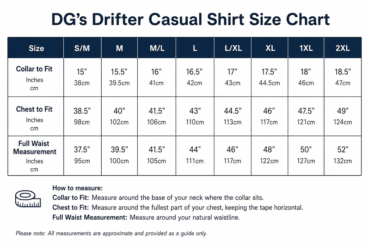 DG's Drifter size chart