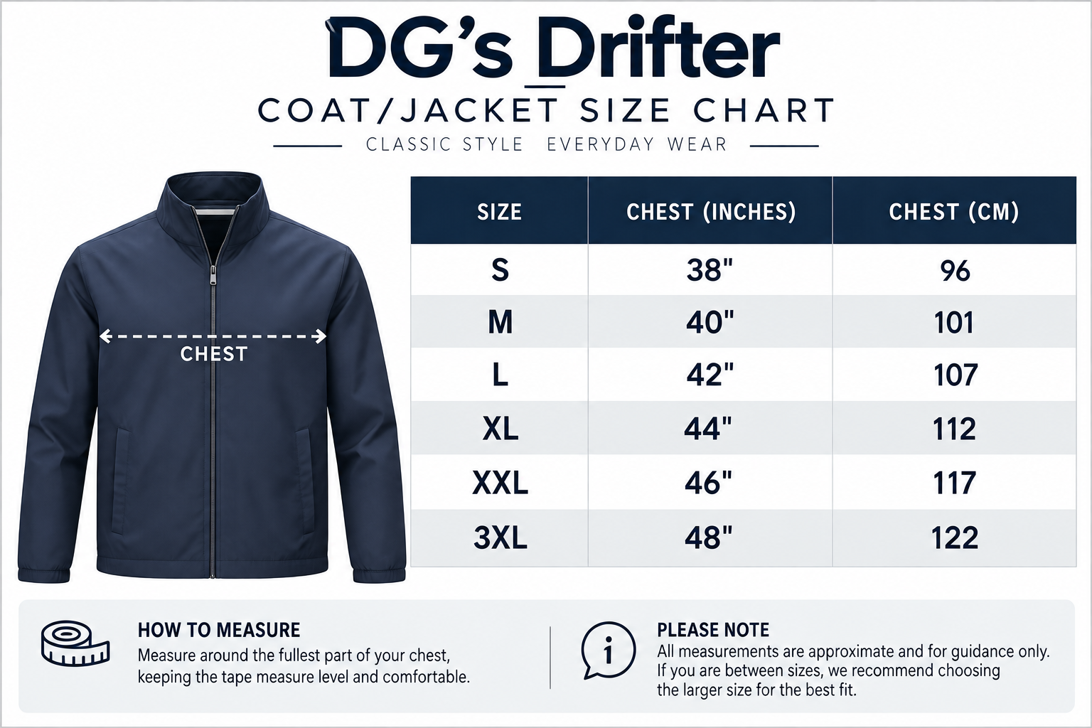 DG's Drifter size chart