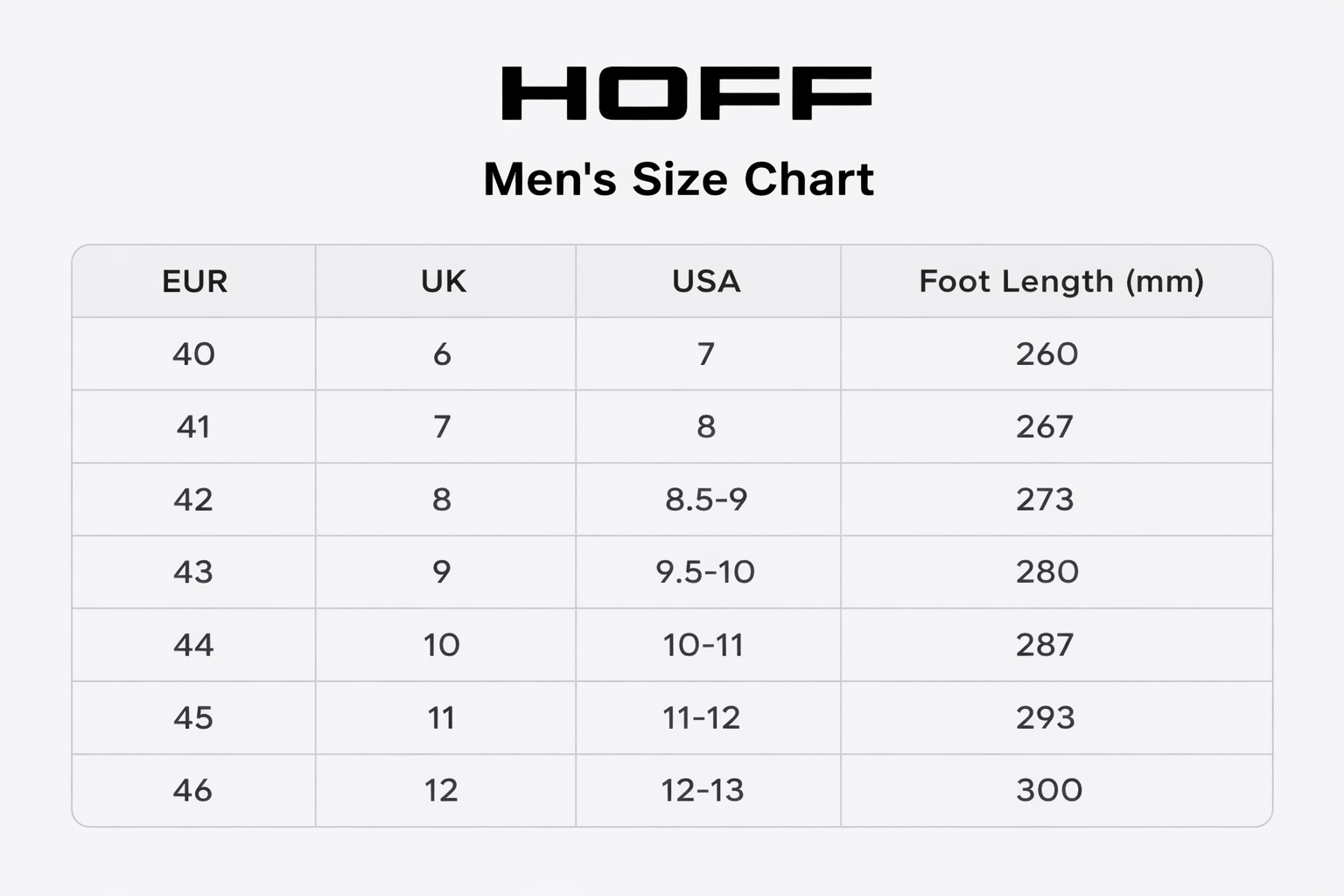 HOFF size chart