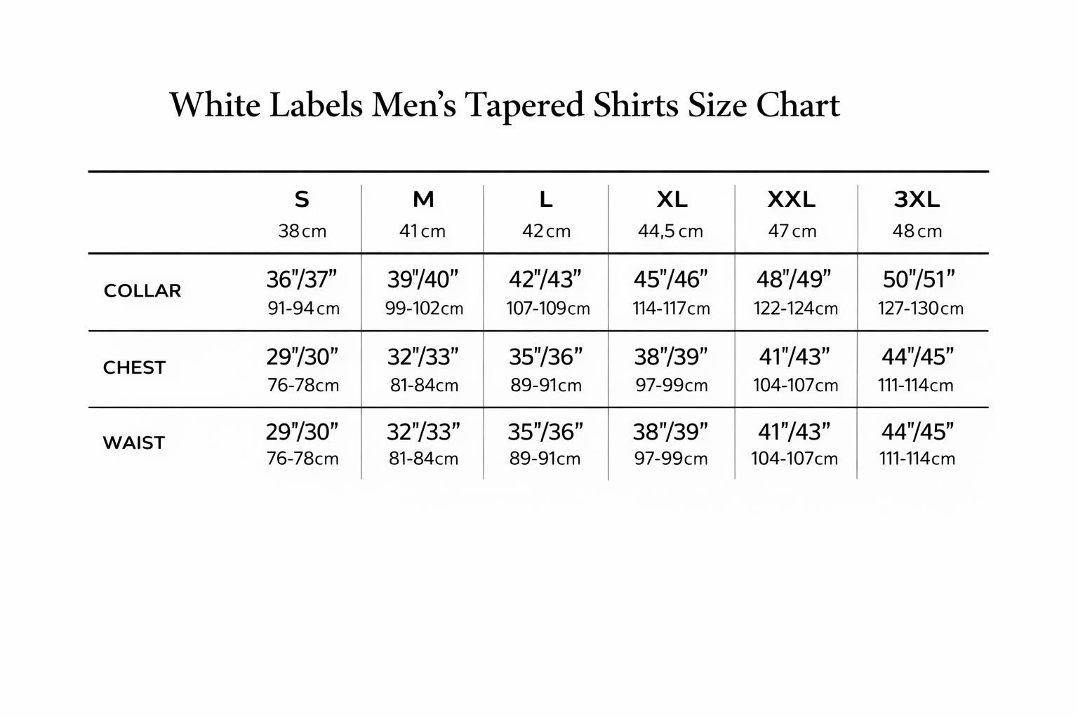 White Label size chart
