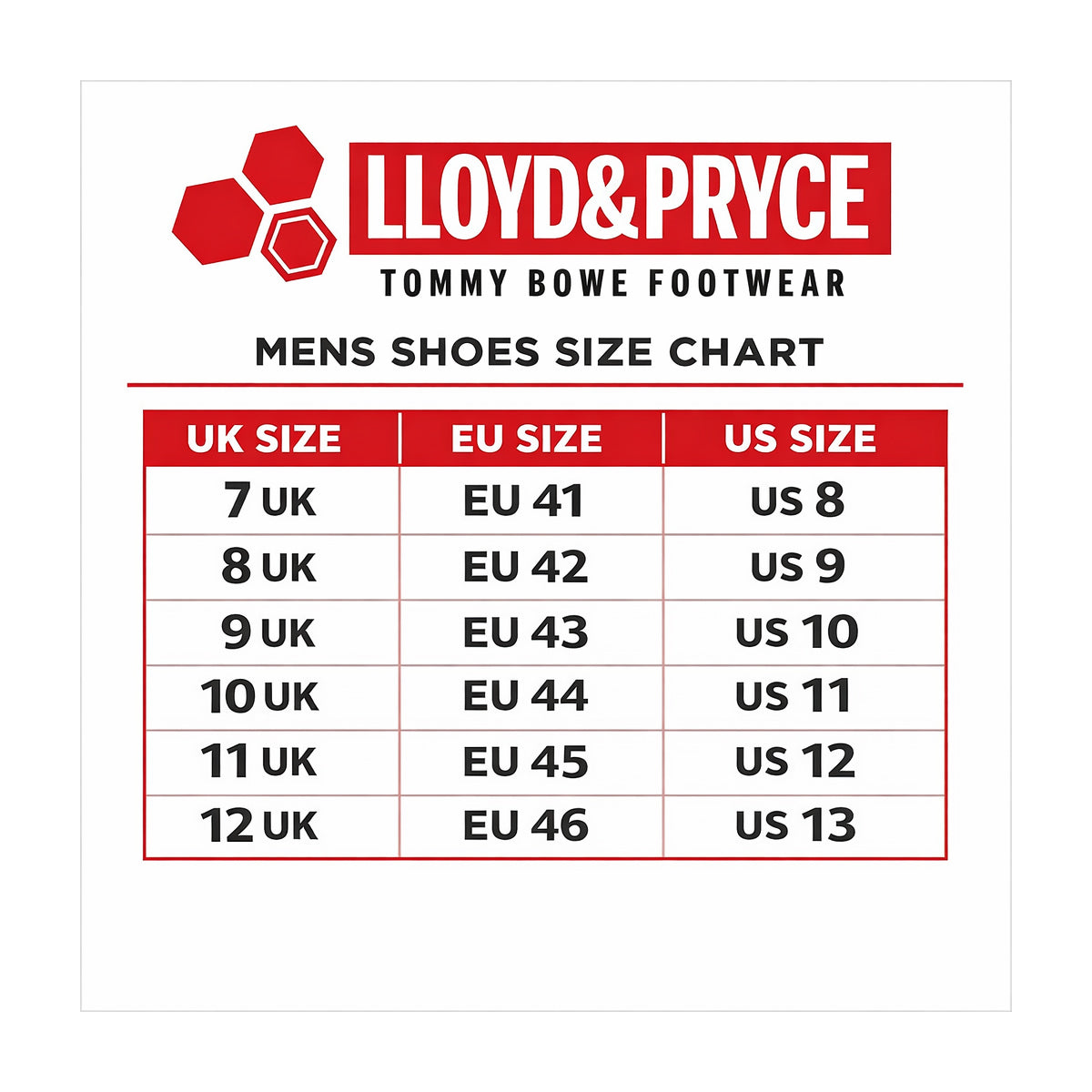 Lloyd & Pryce size chart