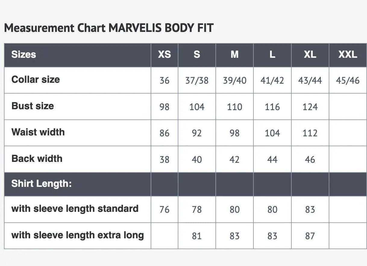 Marvelis size chart
