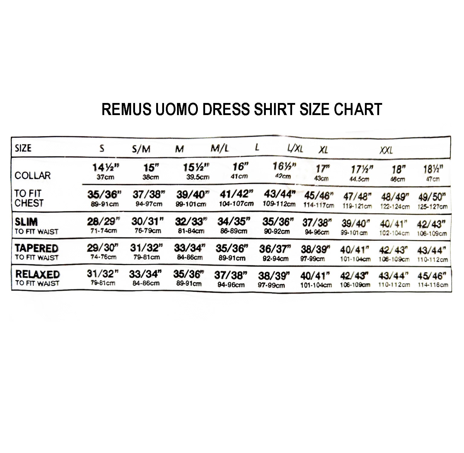 Remus Uomo size chart