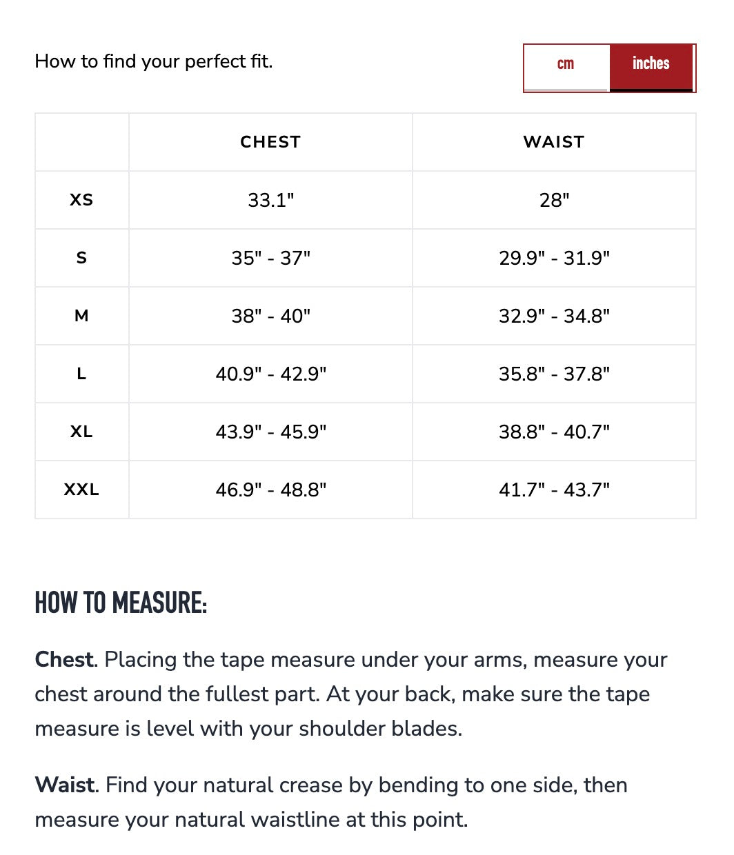 Saltrock size chart