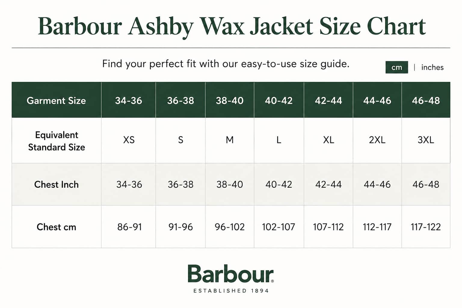 Barbour size chart