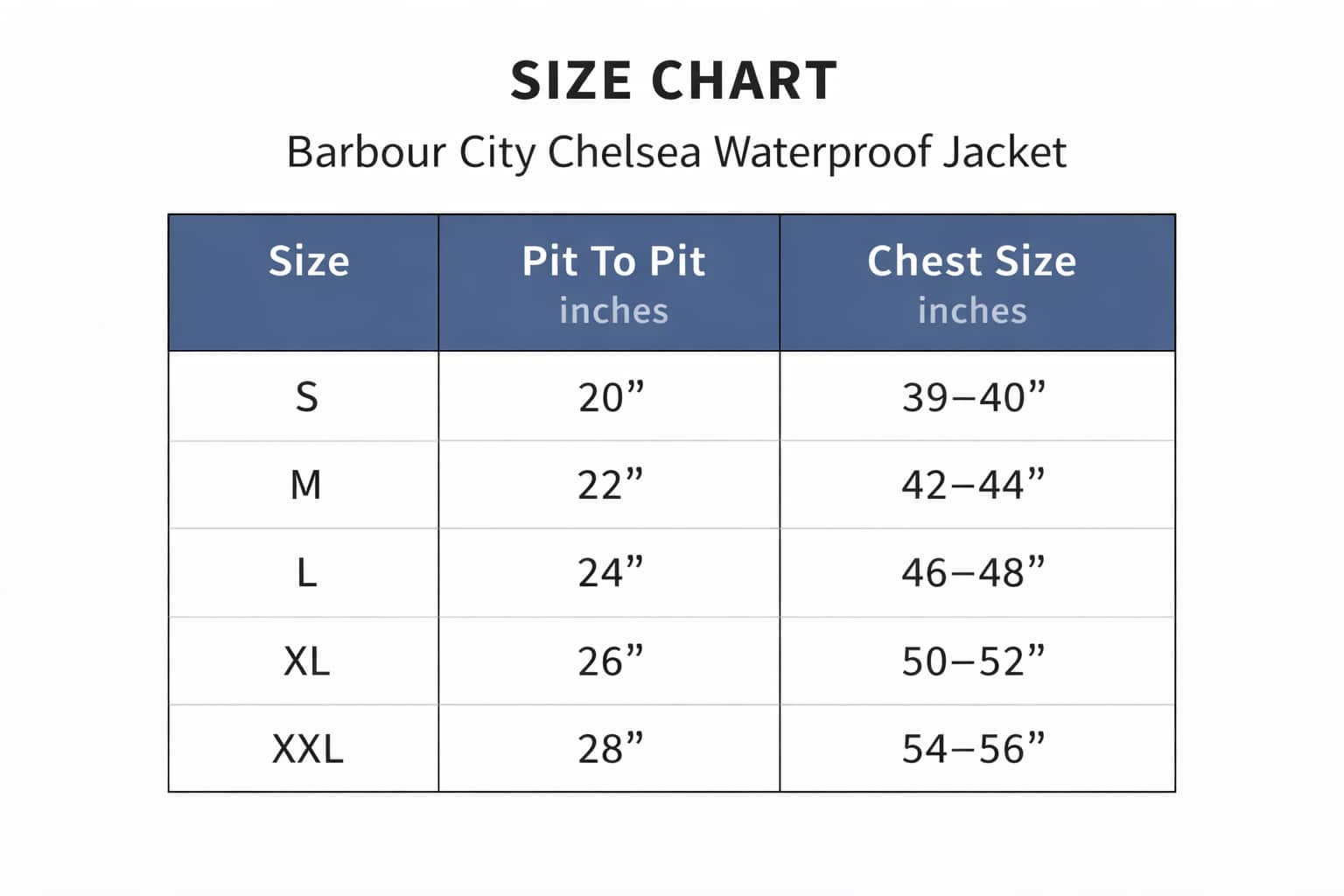 Barbour size chart