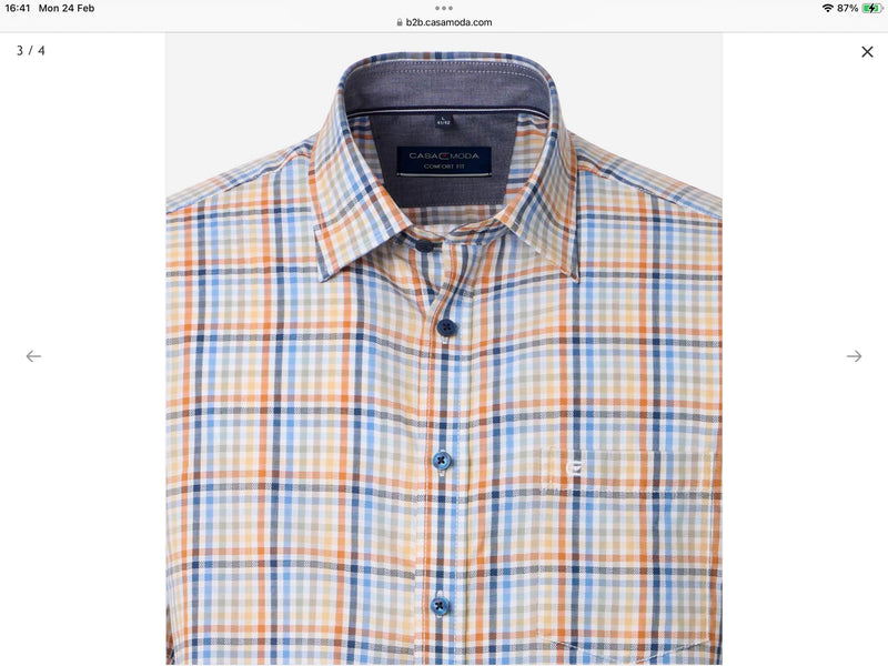 Casa Moda Casual Fit Short Sleeve Check Shirt Blue/Orange Northern