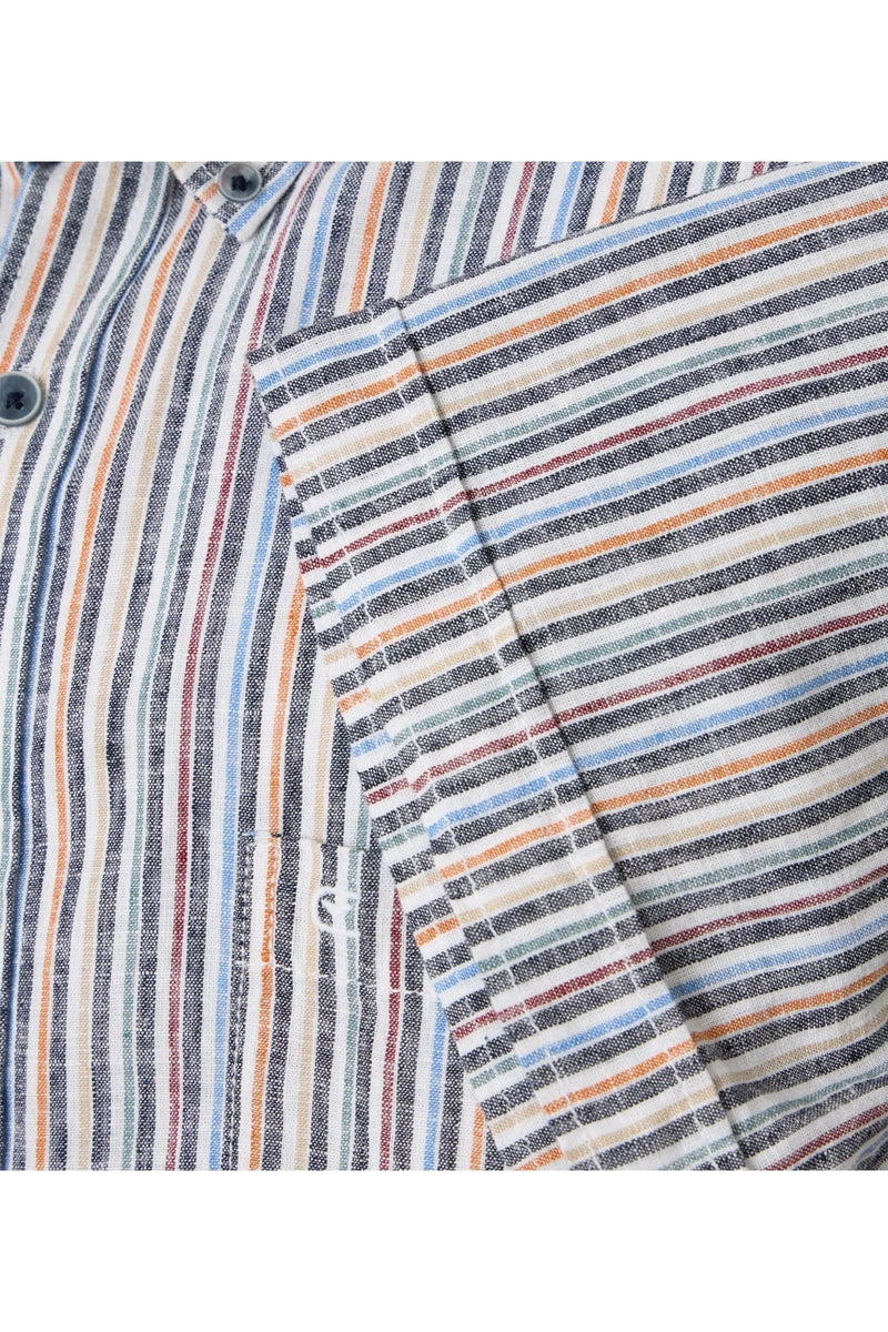 Casa Moda Mens Casual Fit Short Sleeve Linen Stripe Shirt Blue