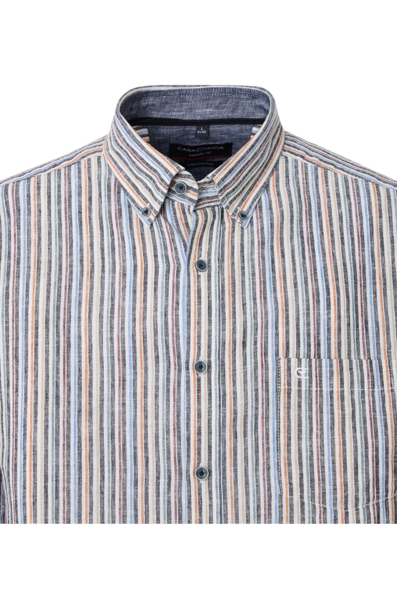Casa Moda Mens Casual Fit Short Sleeve Linen Stripe Shirt Blue