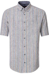 Casa Moda Mens Casual Fit Short Sleeve Linen Stripe Shirt Blue