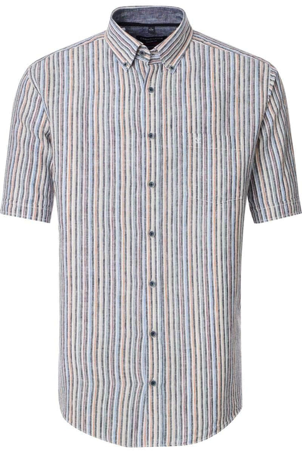 Casa Moda Mens Casual Fit Short Sleeve Linen Stripe Shirt Blue