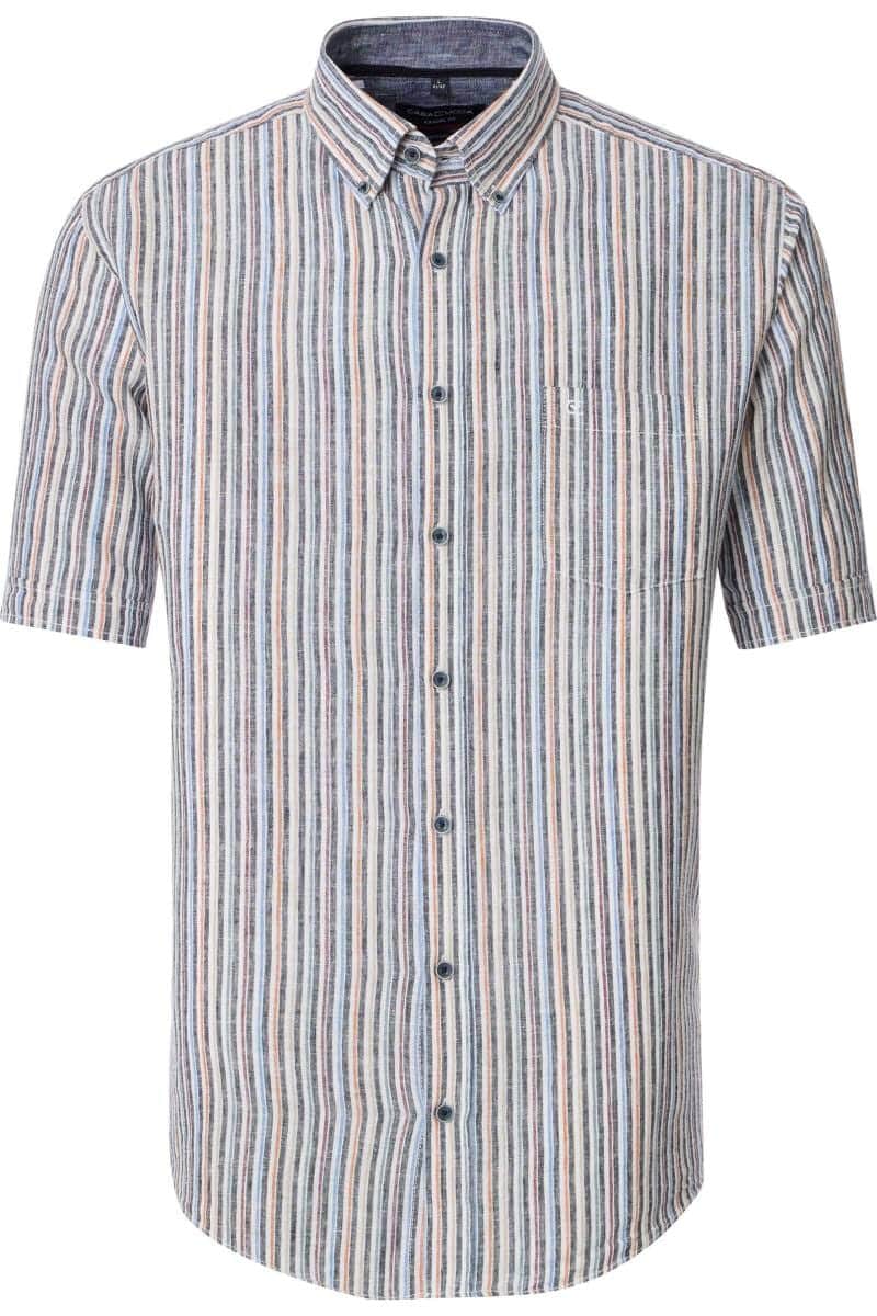 Casa Moda Mens Casual Fit Short Sleeve Linen Stripe Shirt Blue