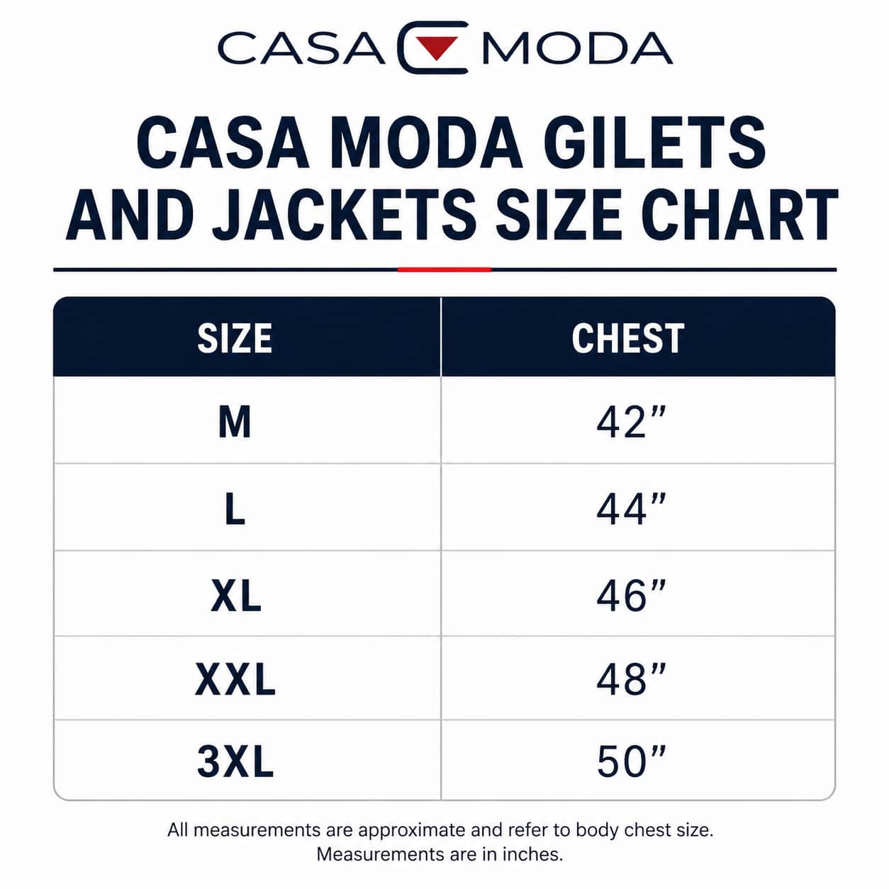 Casa Moda size chart