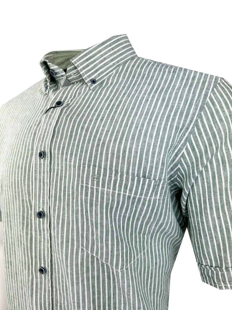 Casa Moda Short Sleeve Casual Fit Linen Shirt Green Stripe Northern