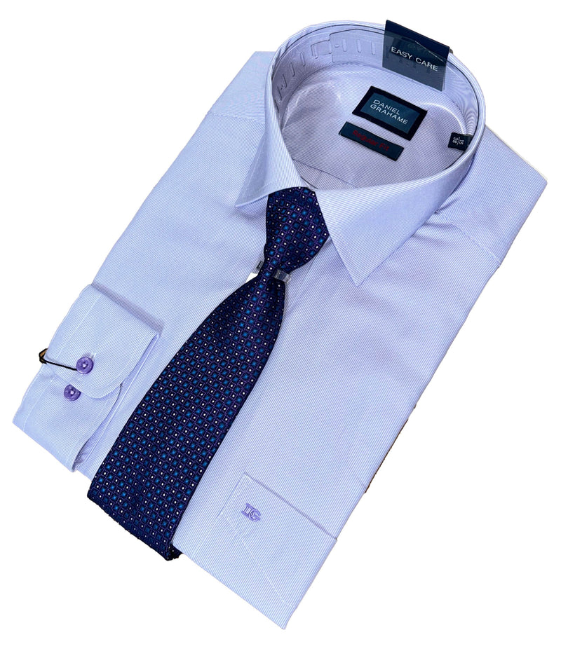 Daniel Graham Mens Formal Shirt & Tie Set Thin Pinstripe Lilac