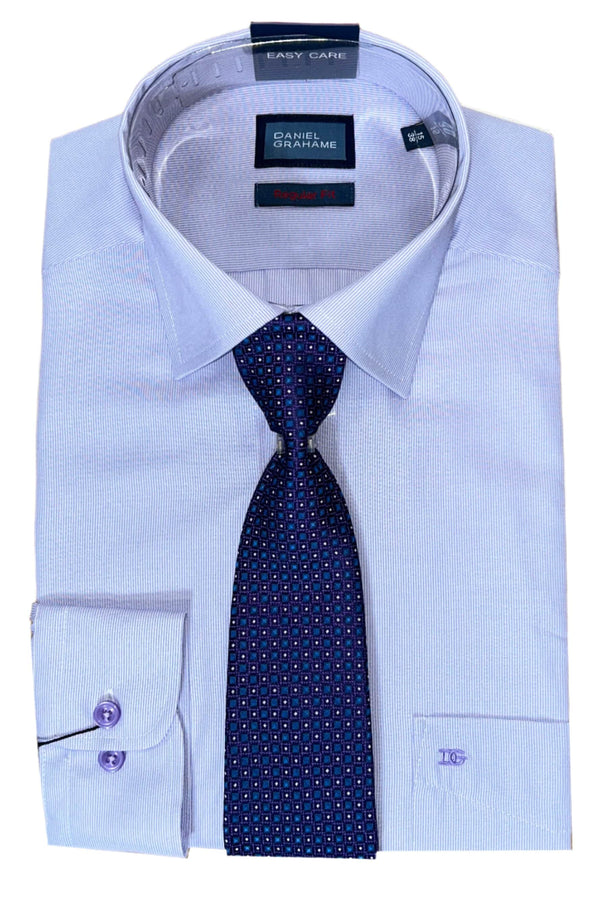 Daniel Graham Mens Formal Shirt & Tie Set Thin Pinstripe Lilac