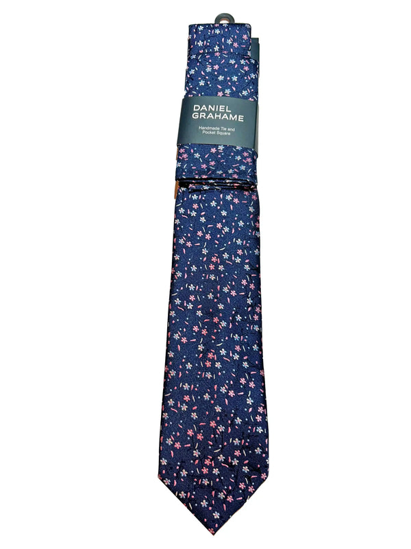 Daniel Grahame Mens Tie & Pocket Square Set TP2371-78 Navy/Pink