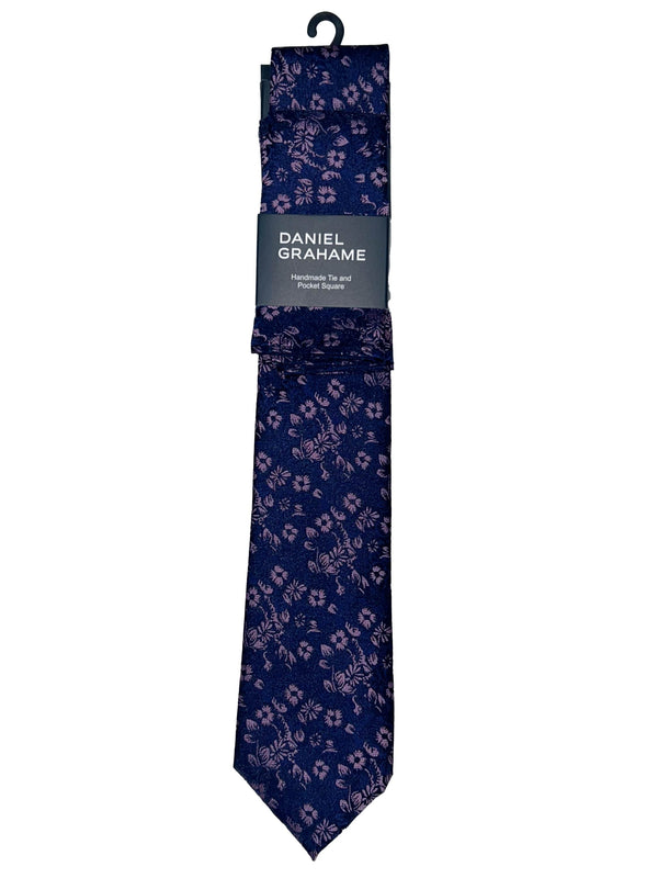 Daniel Grahame Tie & Pocket Square Set Navy/Pink Northern Ireland