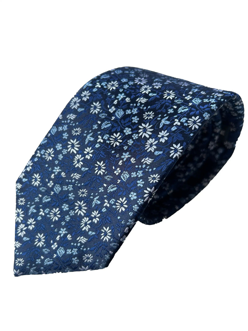 Daniel Grahame Tie & Pocket Square Set Navy/Silver Floral Northern