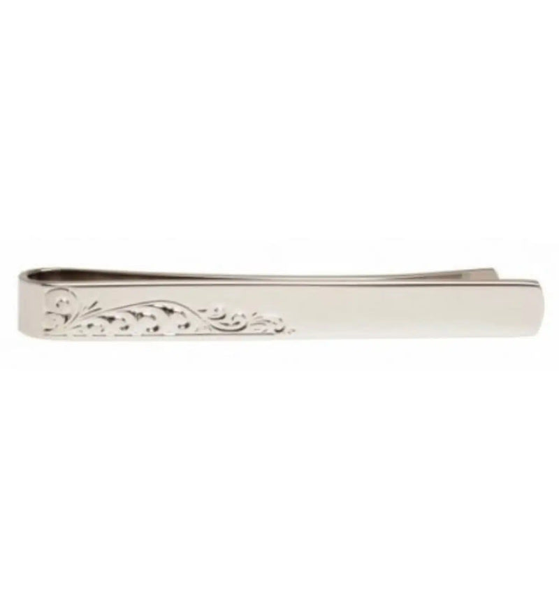 David Aster Half Engraved Leaf Design Rhodium Plated SIlver Tie Slide