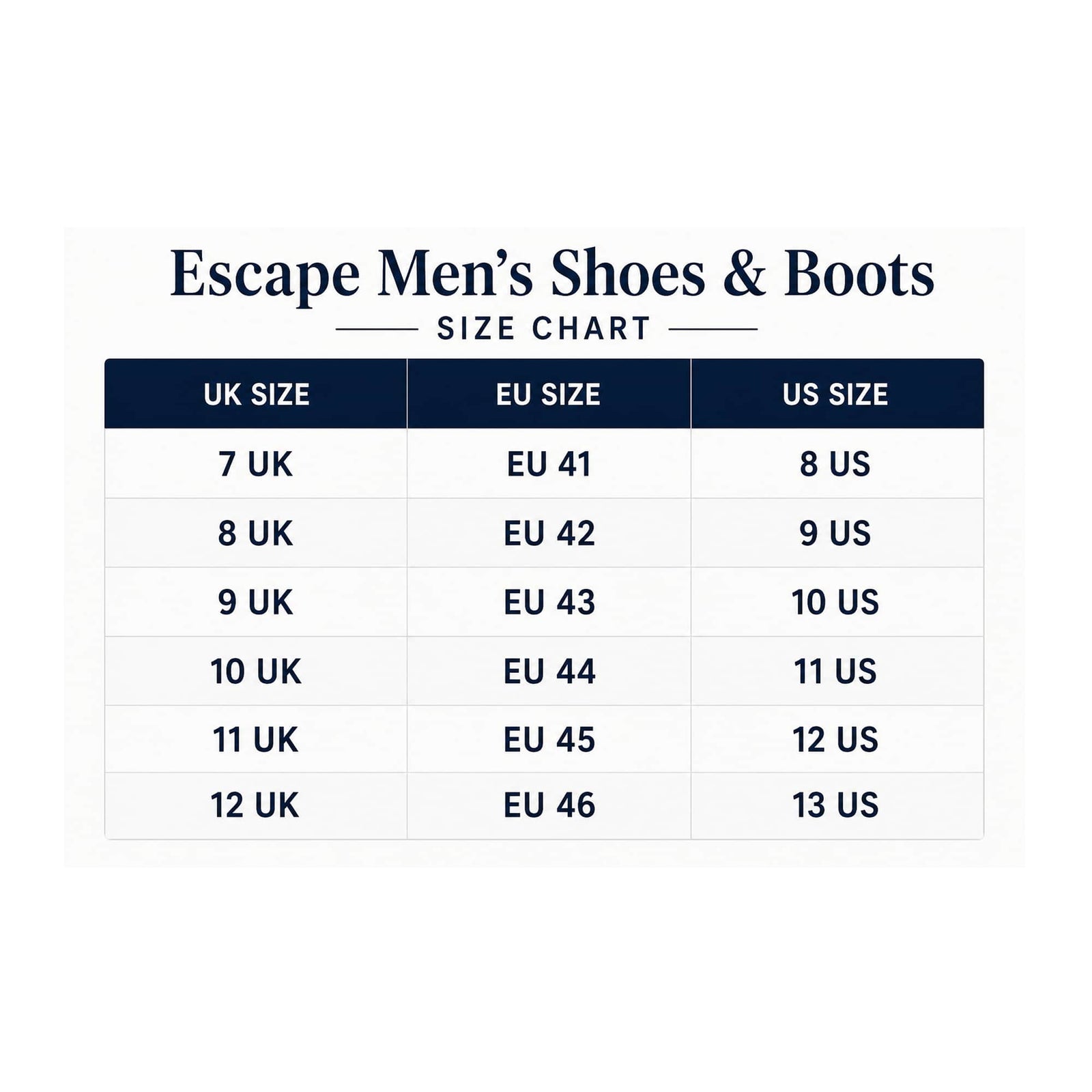 Escape size chart