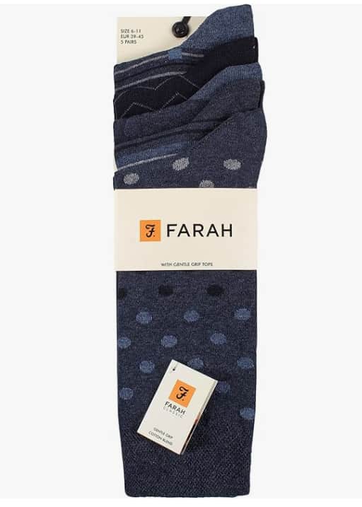 Farah Mens 5 Pack Cotton Socks Denim Polka/Stripe Northern Ireland