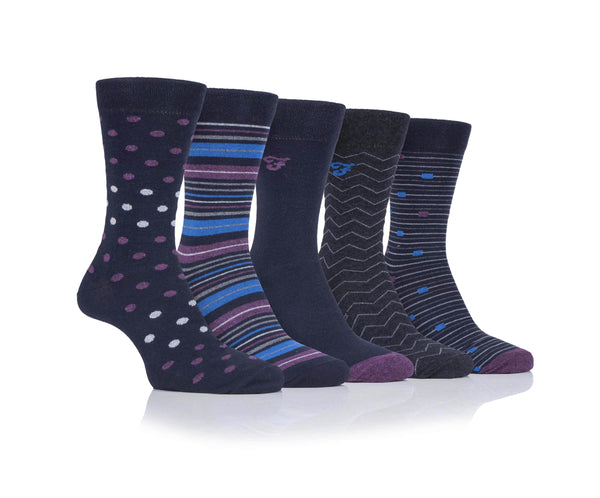 Farah Mens 5 Pack Cotton Socks Navy Purple Polka/Stripe Northern