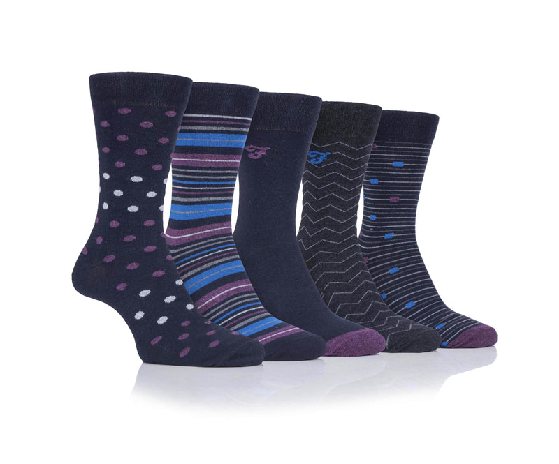 Farah Mens 5 Pack Cotton Socks Navy Purple Polka/Stripe Northern
