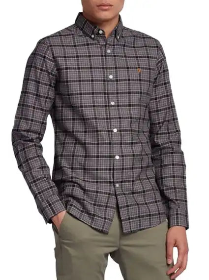 Farah Mens Fraser Check Shirt F4WFC042-022 Charcoal Grey Northern