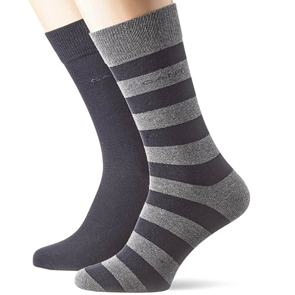 GANT 2-Pack Barstripe & Solid Socks - Charcoal Navy