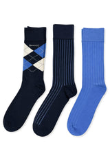 GANT Mens Argyle Stripe And Rib Socks 3 Pack Marine Northern Ireland