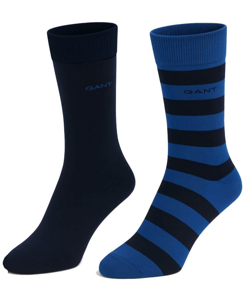 GANT Mens Barstripe & Solid Socks 2 Pack Rich Lapis Blue Northern