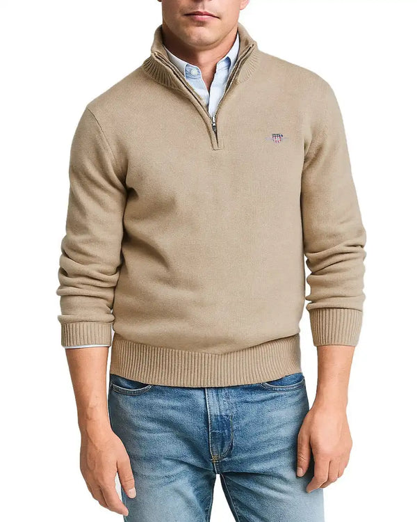 GANT Mens Casual Cotton Half Zip Dark Sand Melange Northern Ireland