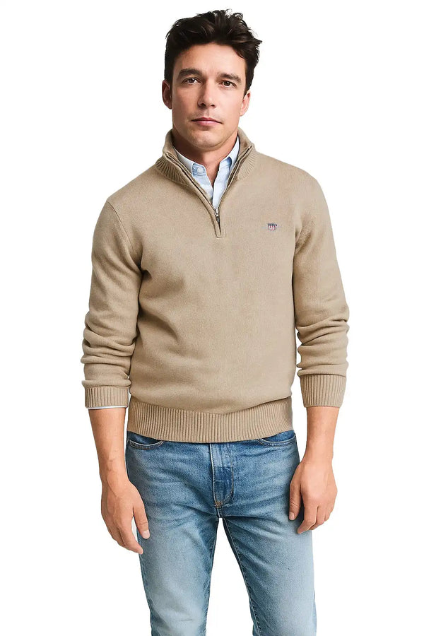 GANT Mens Casual Cotton Half Zip Dark Sand Melange Northern Ireland