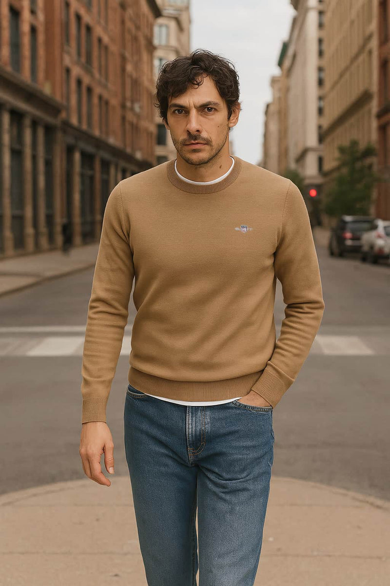 GANT Mens Classic Cotton Crew Neck Dark Sand Melange Northern Ireland