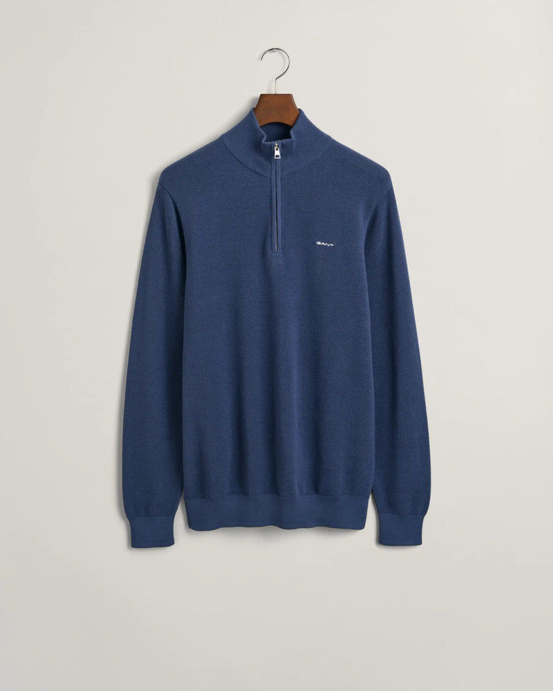 GANT Mens Cotton Pique Half Zip Sweater Dusty Blue Sea Northern