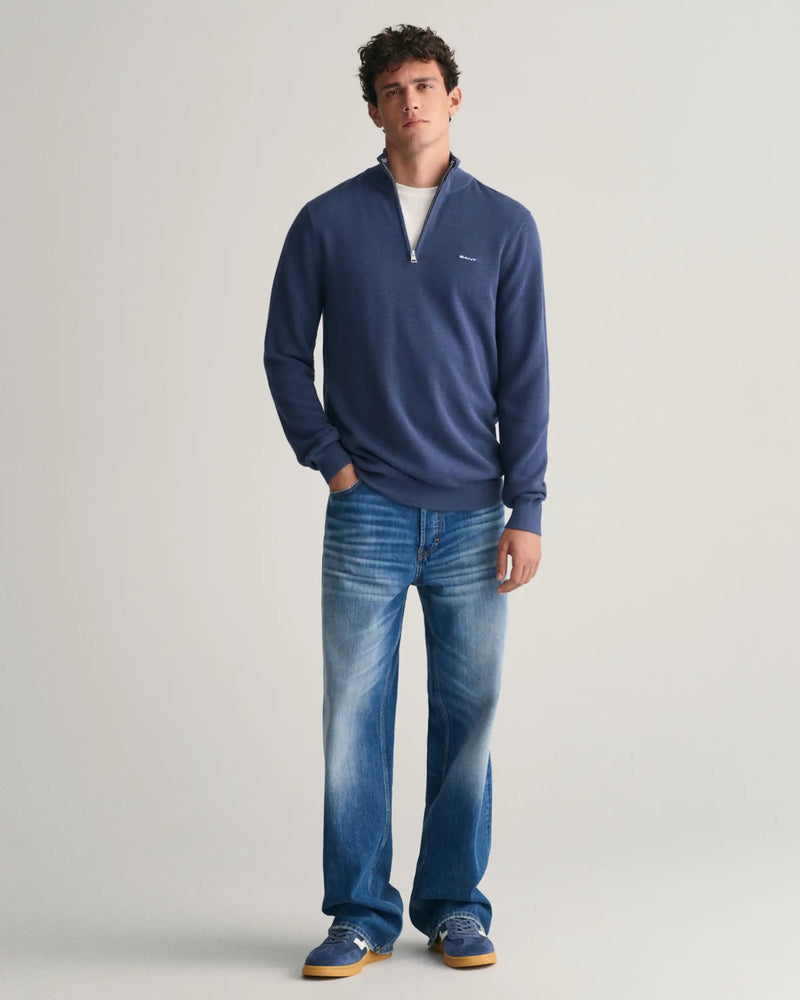 GANT Mens Cotton Pique Half Zip Sweater Dusty Blue Sea Northern