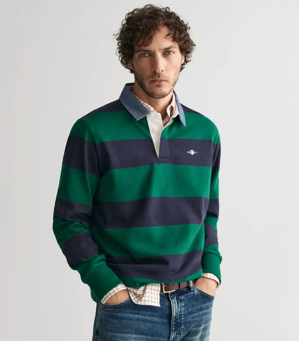 GANT Mens Regular Chambray Stripe Heavy Rugger Deep Forest Green