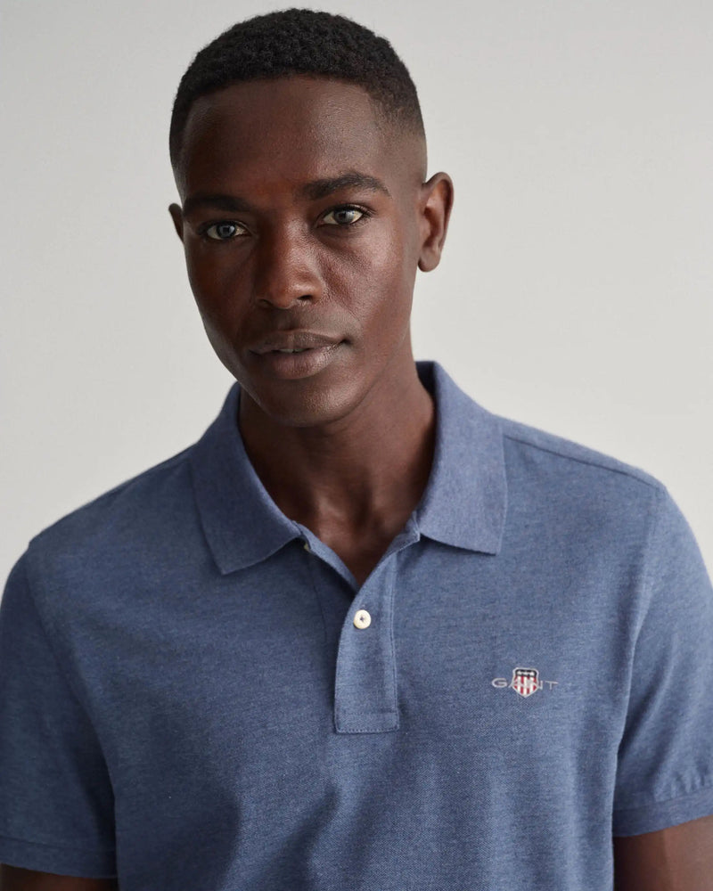 GANT Mens Sheild Regular Pique Polo Shirt Denim Blue Melange