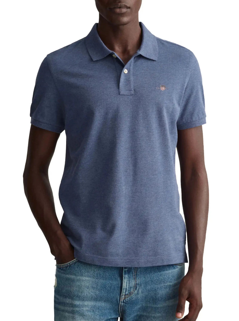 GANT Mens Sheild Regular Pique Polo Shirt Denim Blue Melange