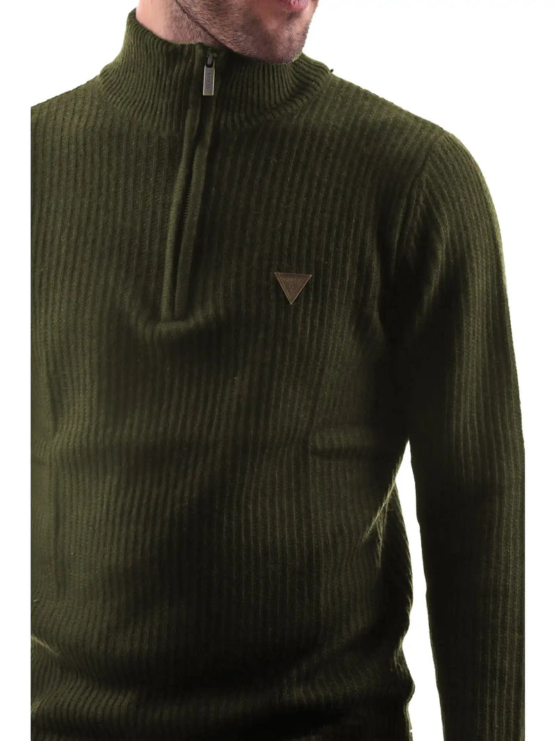 Guess Mens Aric Ribbed Camioner 1/4 Zip Sweater Sage Green