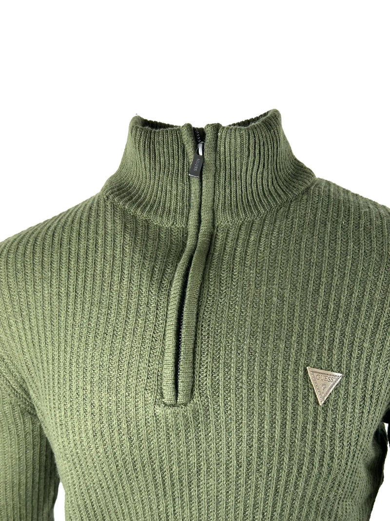 Guess Mens Aric Ribbed Camioner 1/4 Zip Sweater Sage Green
