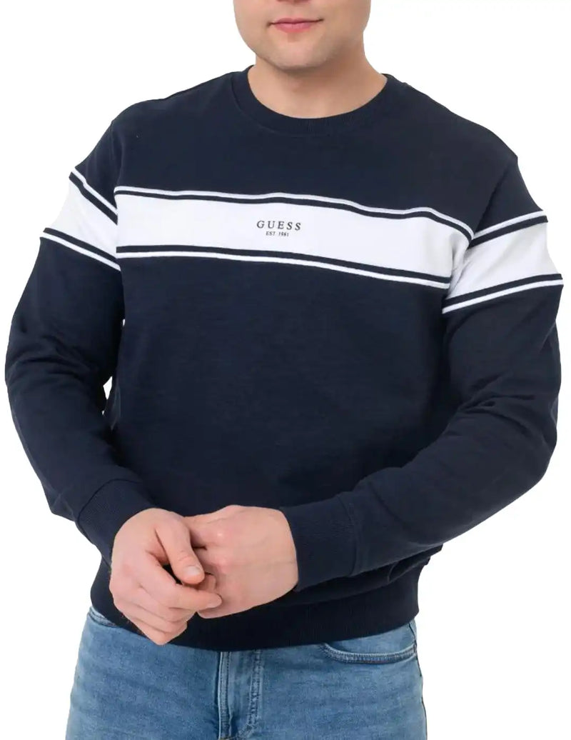 Guess Mens Inserted Stripe Crew Neck Embroidered Sweatshirt Navy