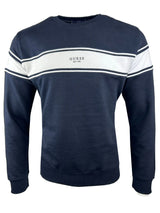 Guess Mens Inserted Stripe Crew Neck Embroidered Sweatshirt Navy