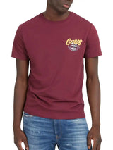 Guess Mens Italic Flock Logo T-Shirt Burgundy Northern Ireland Belfast