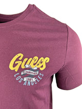 Guess Mens Italic Flock Logo T-Shirt Burgundy Ballynahinch Northern