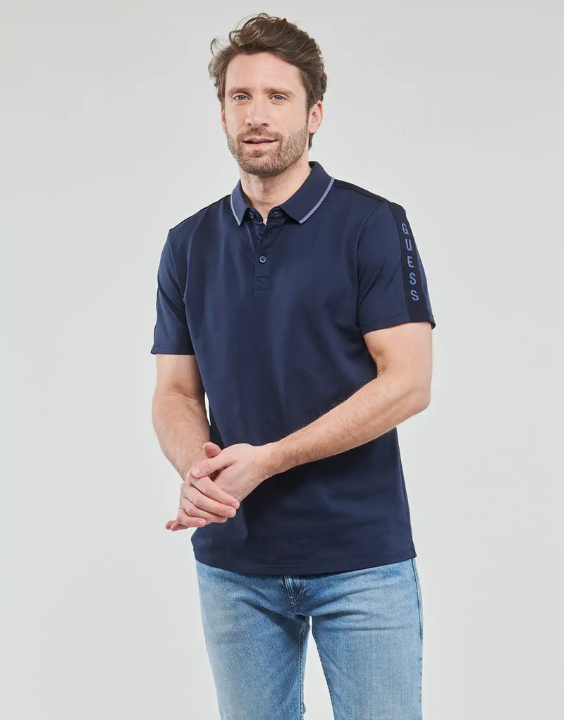 Guess Mens Paul Short Sleeve Polo Shirt Regular Fit Silk Blue